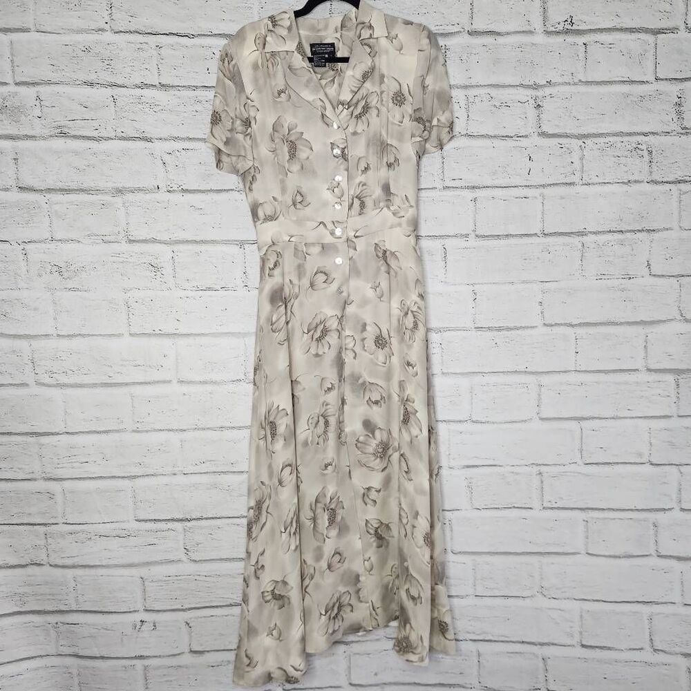 J. Peterman Womens Beige Silk Floral Collared Short Sleeve Maxi Dress Size 8 - Picture 1 of 12